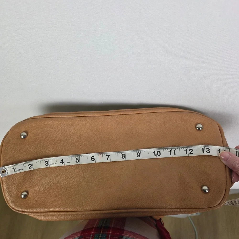 London Fog Tan Pebbled‎ Vegan Leather Satchel Crossbody Bag Blue Trim